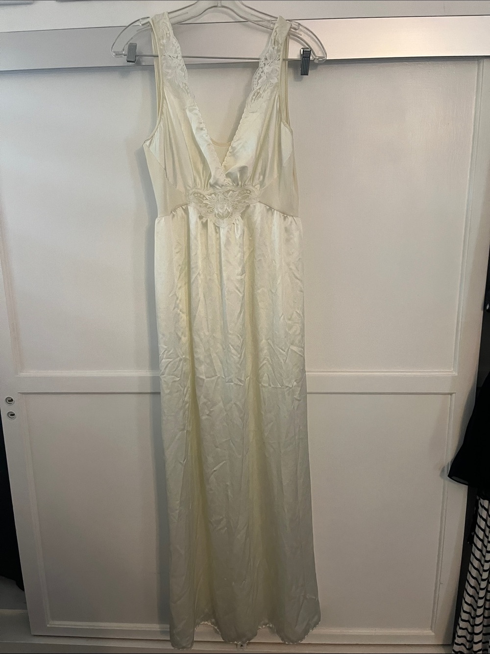Olga Vintage Ivory V-Neck Maxi Chemise Nightgown with Lace Trim